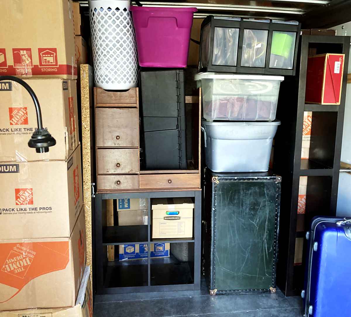 A part-built load inside the truck, drawers, totes and cartons tiered and squared off